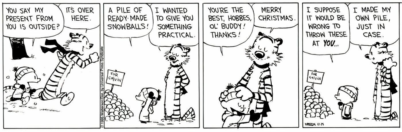 Hobbes dando a Calvin uma pilha de bolas de neve de Natal. 