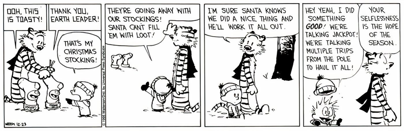 Calvin e Hobbes dão meias de Natal a dois alienígenas para se aquecerem.