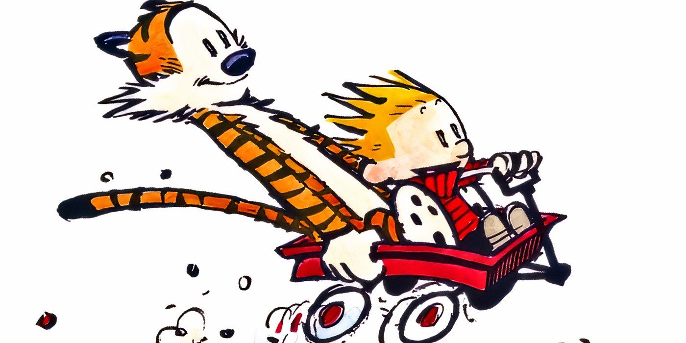 Calvin and Hobbes riding in a red wagon together.