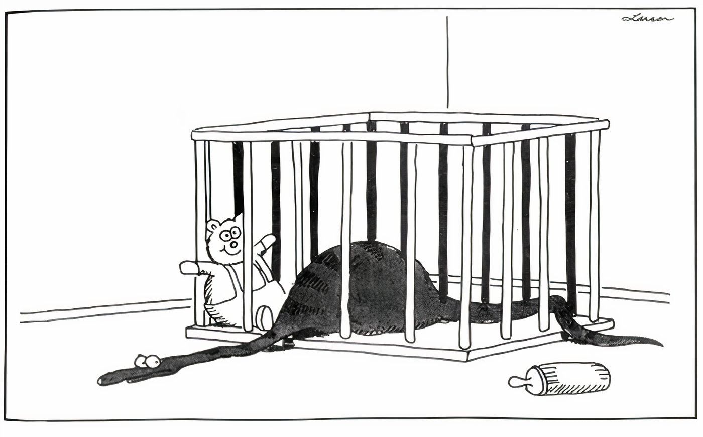 Uma cobra presa em um cercadinho depois de comer um bebê em The Far Side.