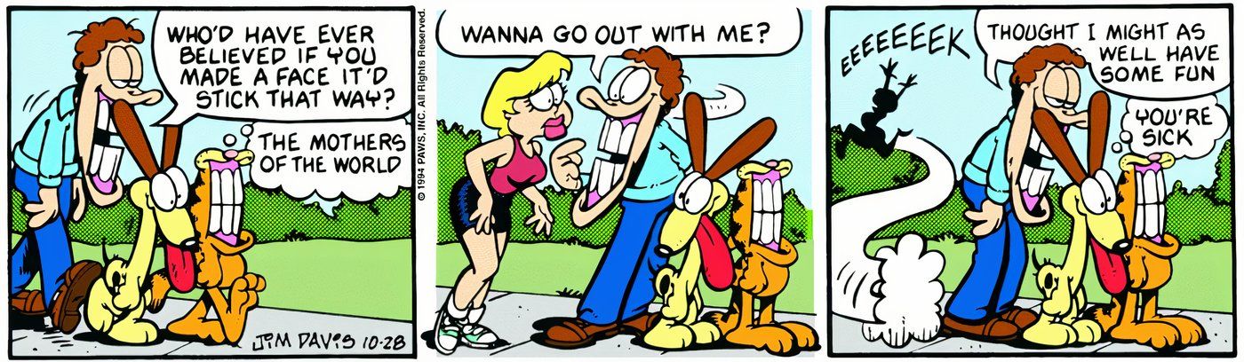 Jon, Garfield, and Odie walking around town with permanent funny faces.