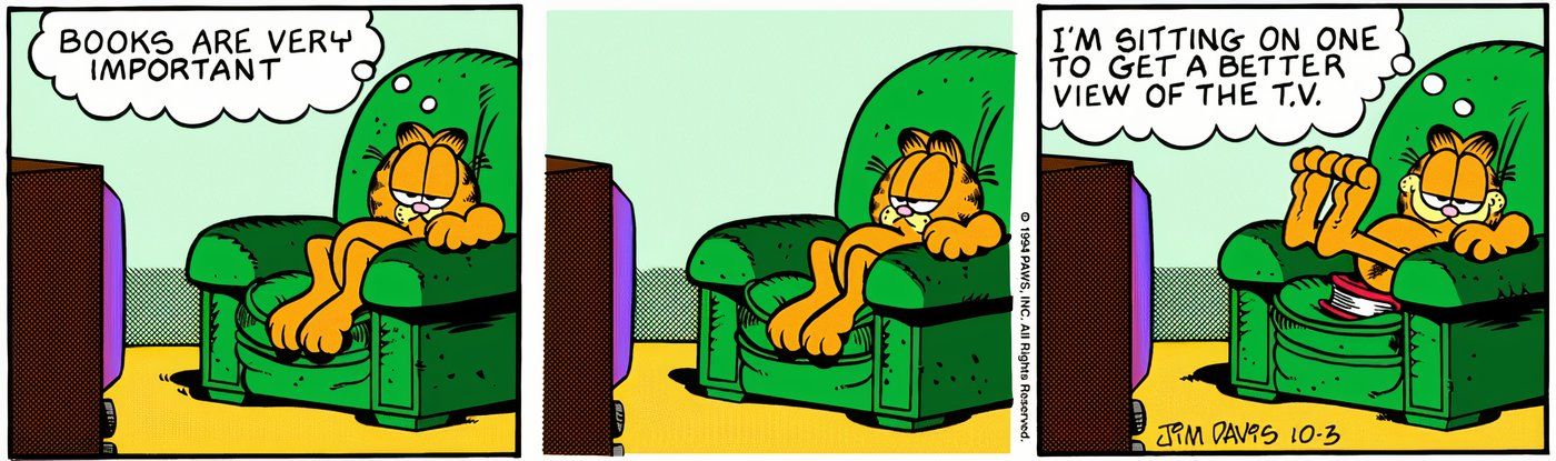 Garfield sitting on a book to watch TV.