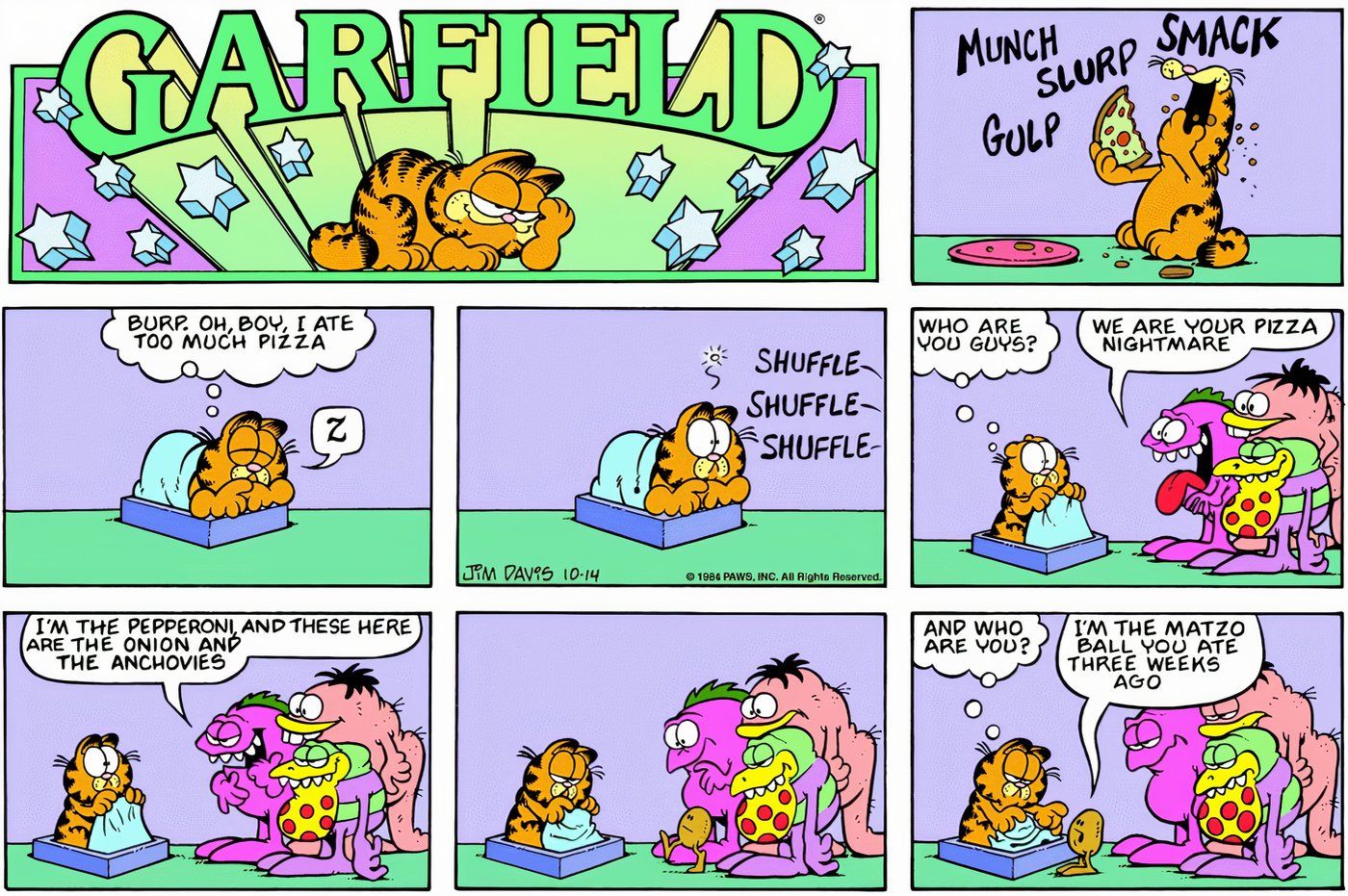 Garfield sonhando com uma gangue de 'Pizza Monsters'. 