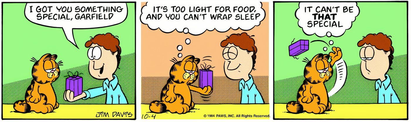 Garfield jogando fora um presente que Jon lhe deu. 