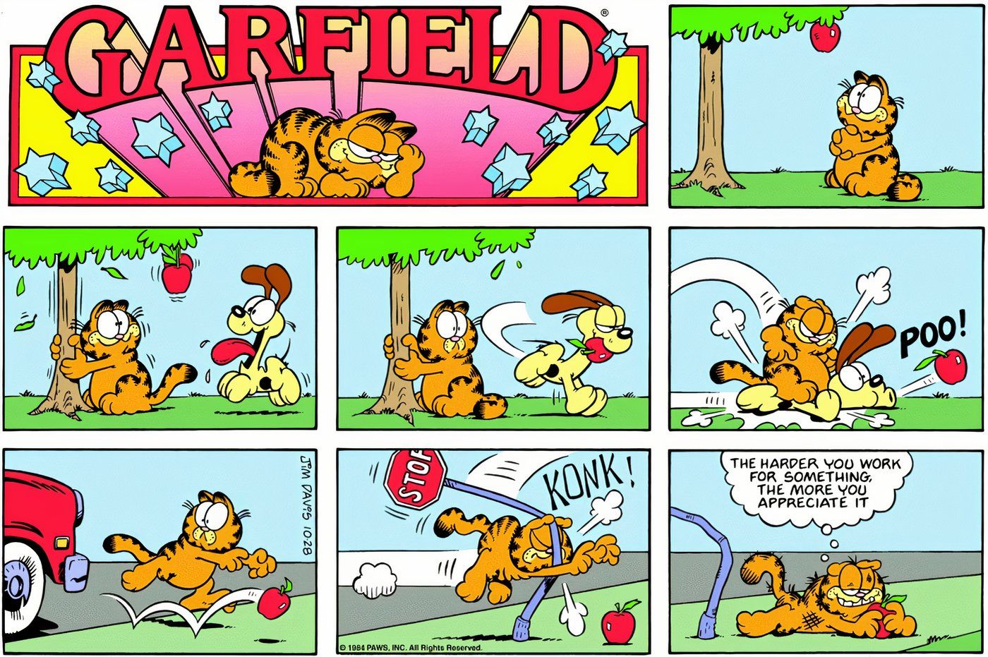 Garfield trabalhando duro para tirar uma maçã de uma árvore.