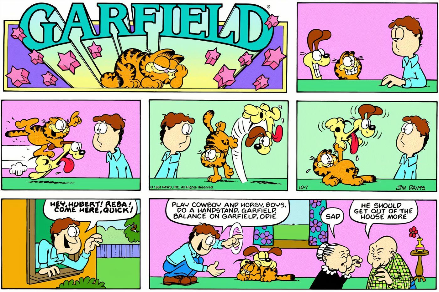 Garfield e Odie fazendo truques para Jon.