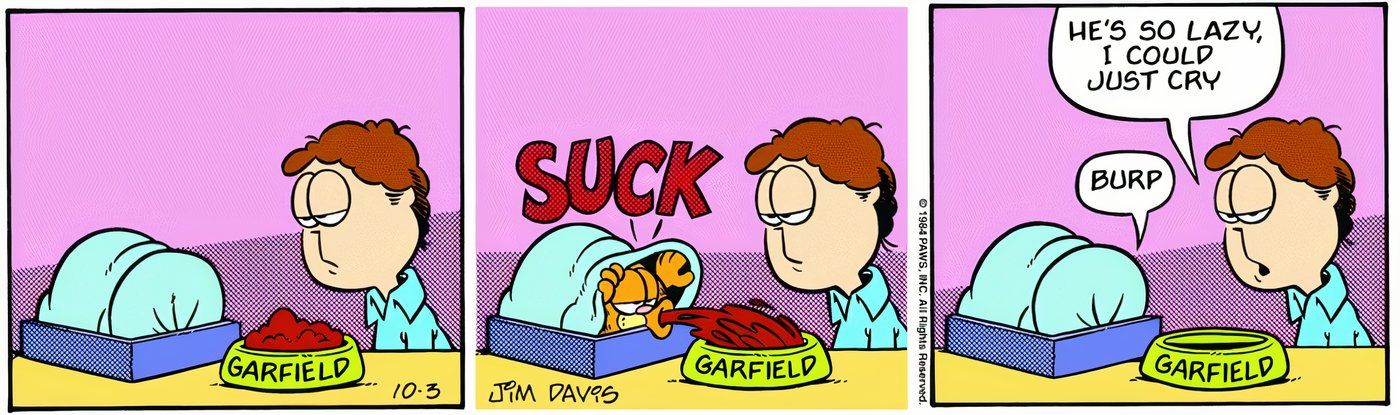 Garfield sorvendo sua comida sem sair da cama.