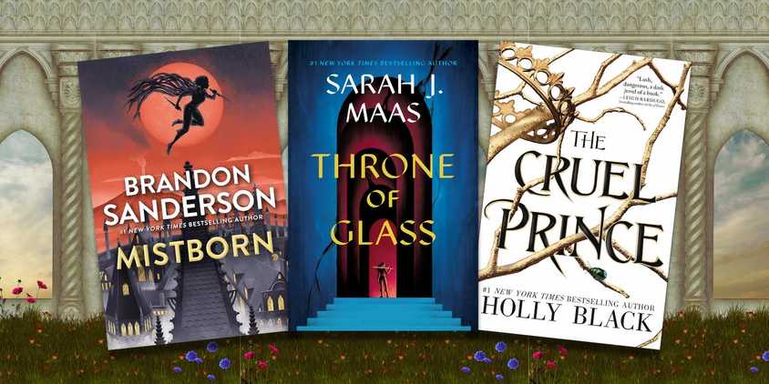 Mistborn, Throne of Glass, and The Cruel Prince book covers on castle wall background