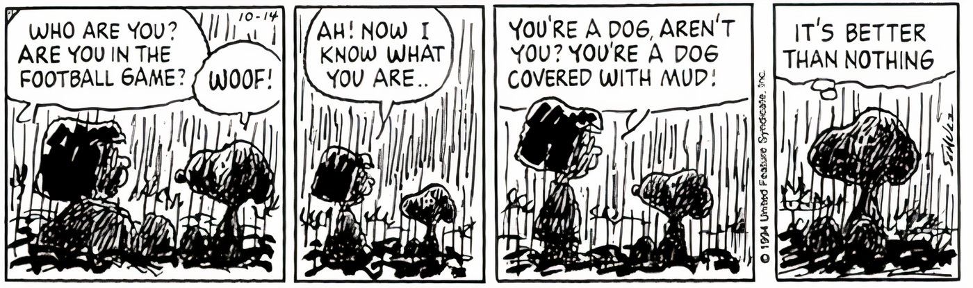 Snoopy e Marcie conversando durante um jogo de futebol na chuva.