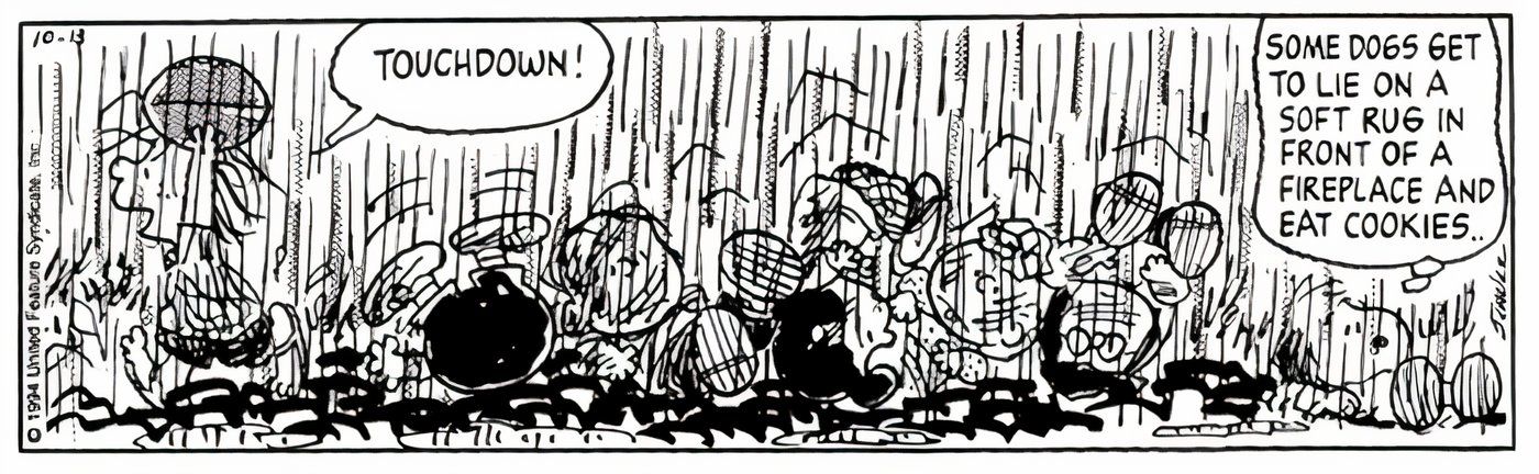 Snoopy e a turma do Peanuts jogando futebol na chuva.