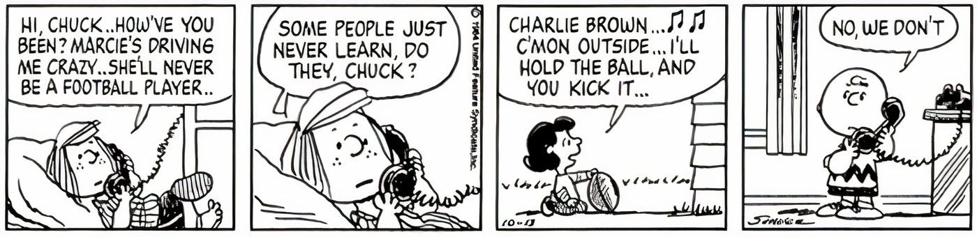 Peppermint Patty calling Charlie Brown to complain about Marcie while Lucy is asking Chuck to play football.