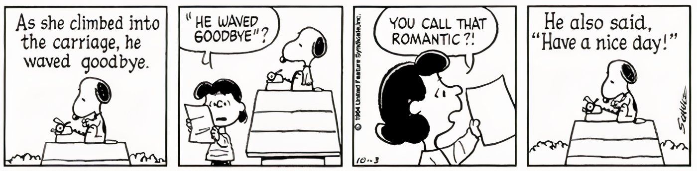 Lucy giving Snoopy some constructive criticism of his novel.