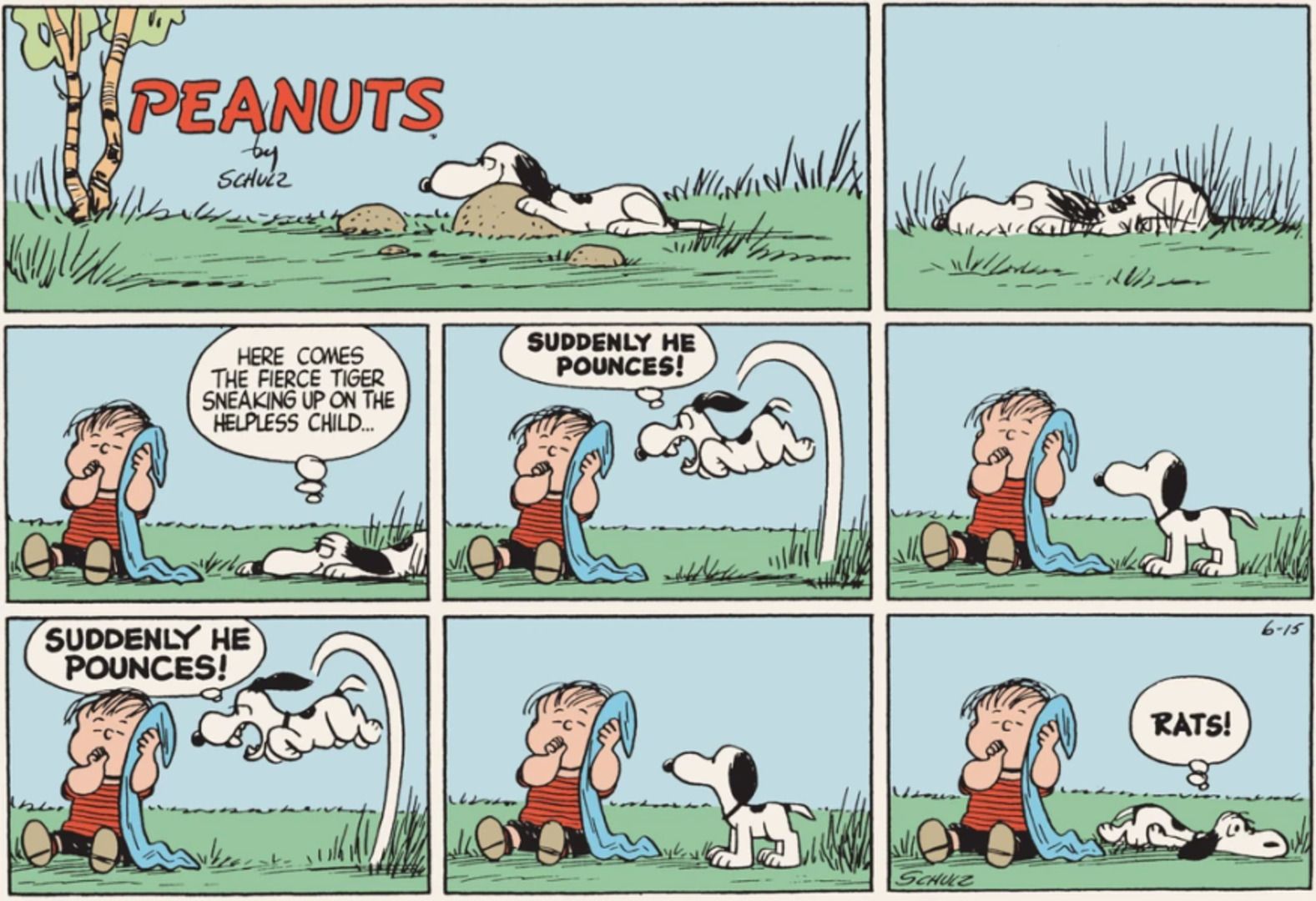 Peanuts strip: Snoopy acting like he is going to pounce on Linus with his blanket.