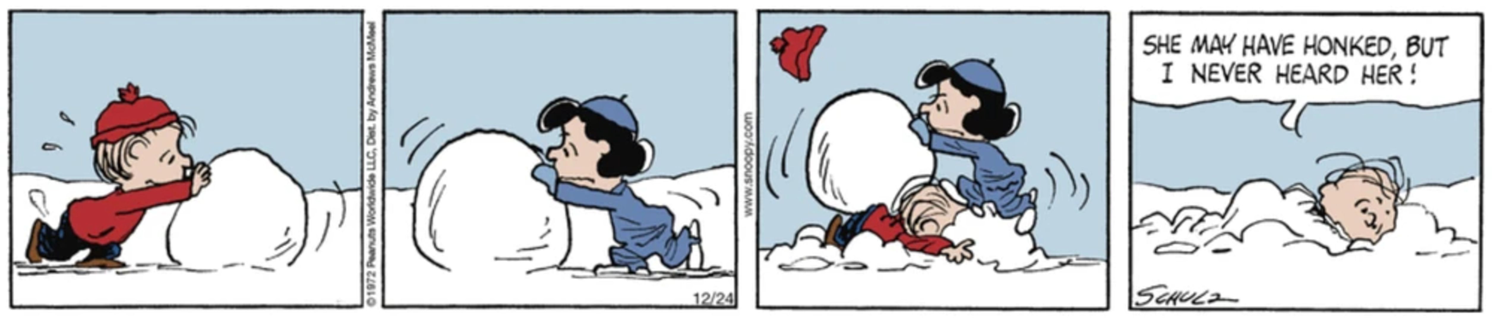 Peanuts strip: Linus pushing a ball of snow at the same time as Lucy, bumping into her.