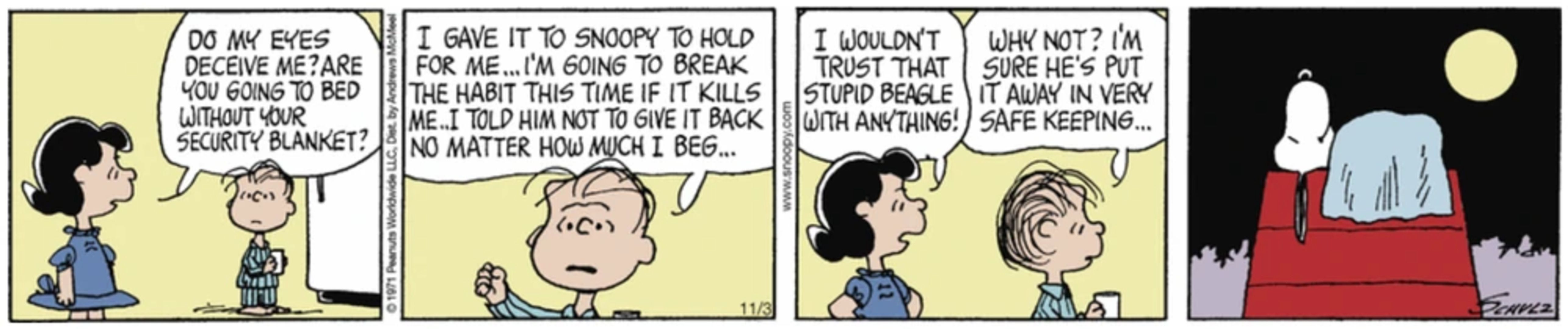 Peanuts strip: Snoopy sleeping with Linus&rsquo;s blanket.