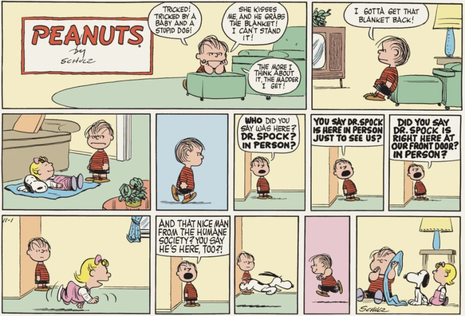 Peanuts strip: Sally and Snoopy sitting on Linus's stolen blanket.