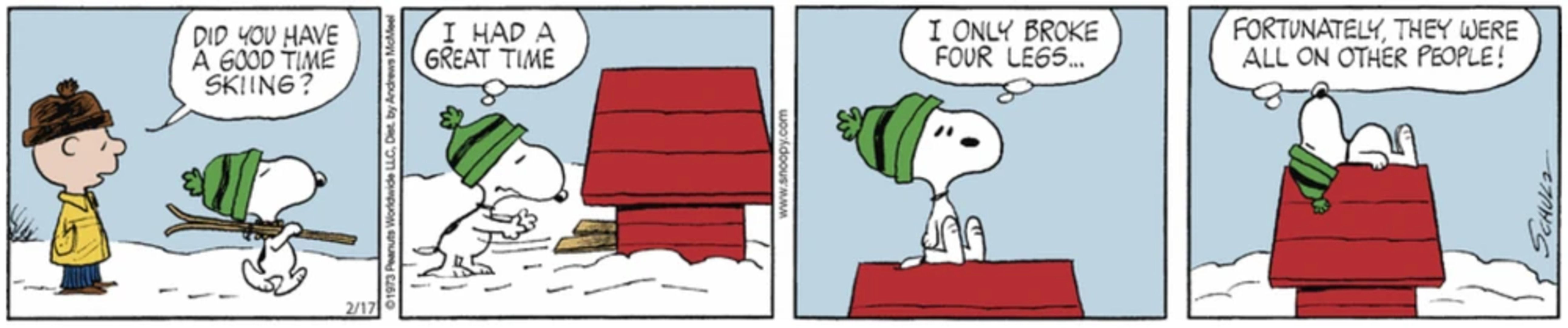 Peanuts strip: Charlie Brown talking to Snoopy in the snow.