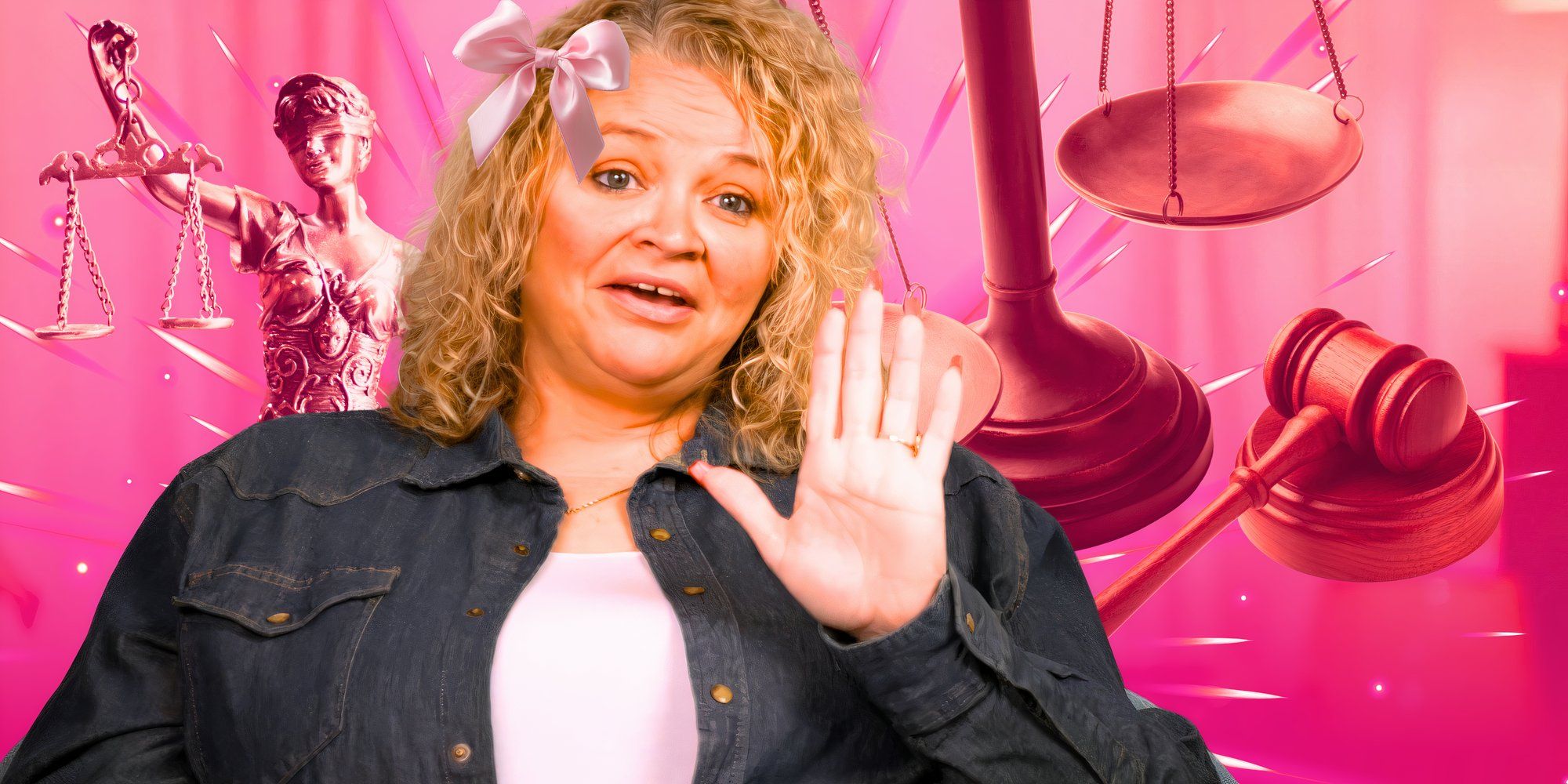 1000-Lb Sisters star Amanda Halterman with bow in her hair with pink background with gavel