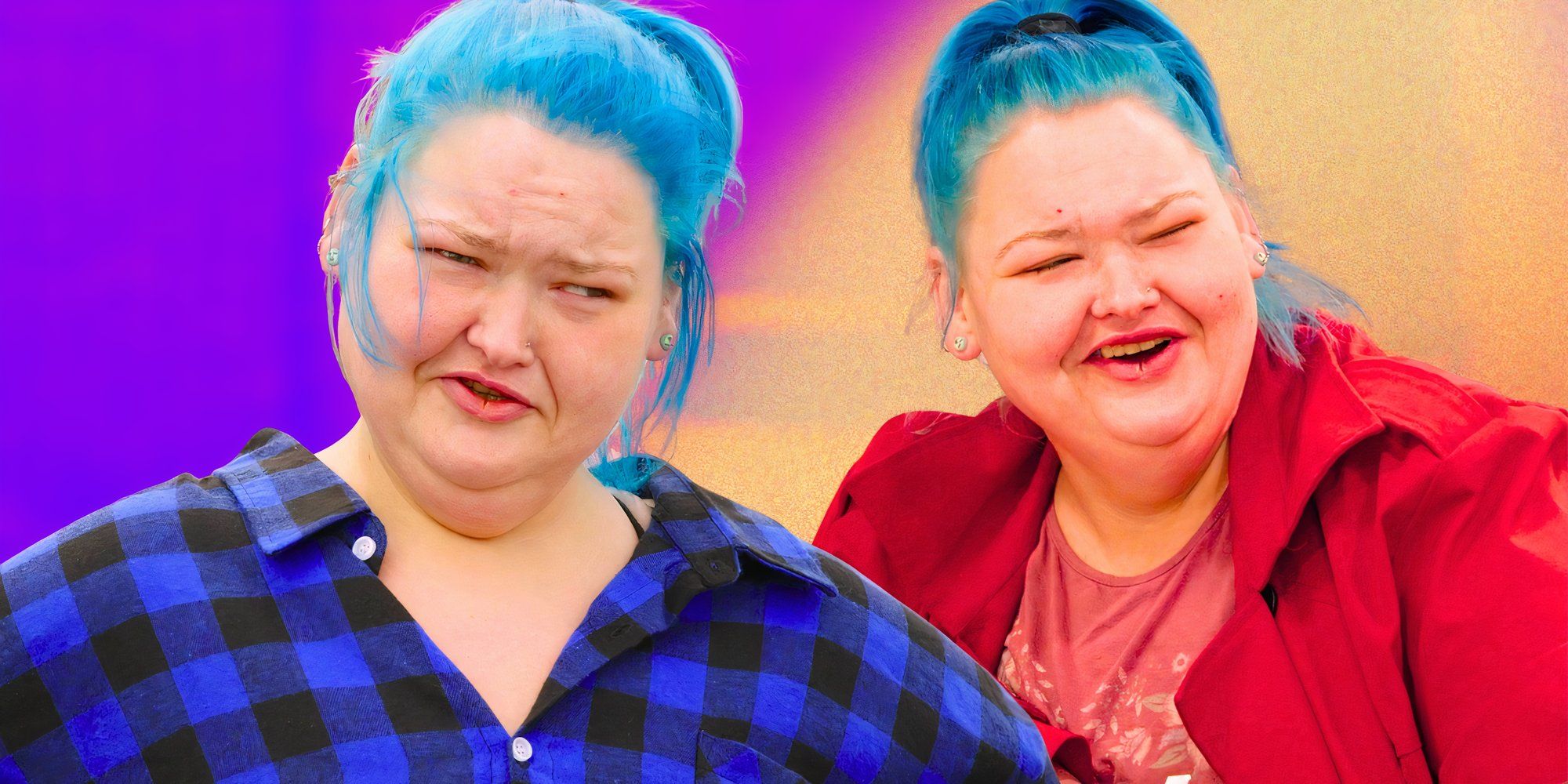 1000-Lb Sisters star Amy Slaton with blue hair in two poses with her talking and laughing and purple and yellow background