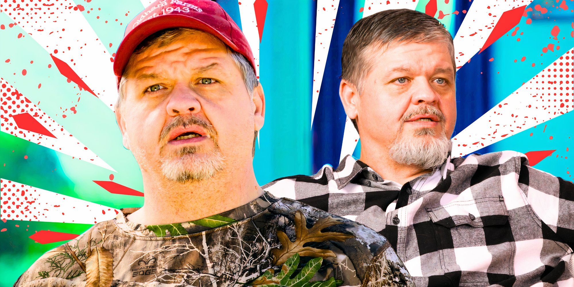 1000 lb sisters star Chris Combs in two poses in plaid and camo shirts with multicolored background