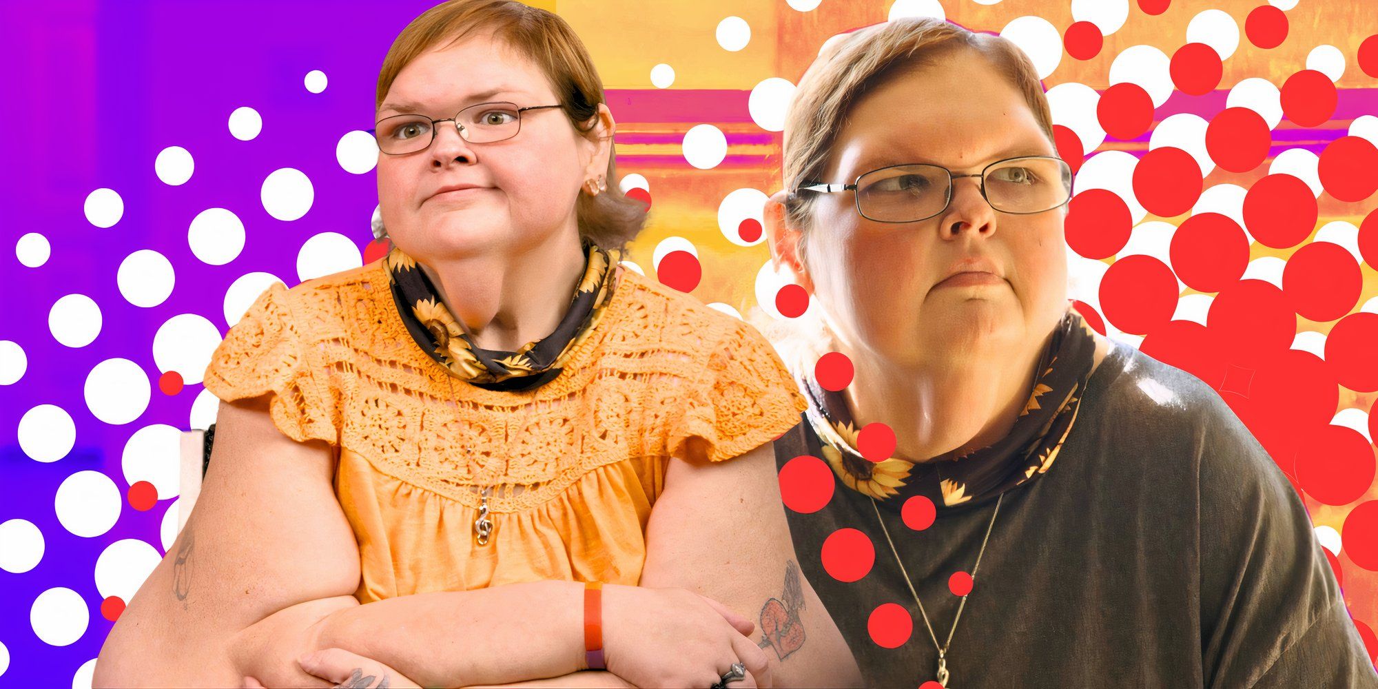 1000 lb sisters star tammy slaton in montage with two serious poses and dots in a multicolored background