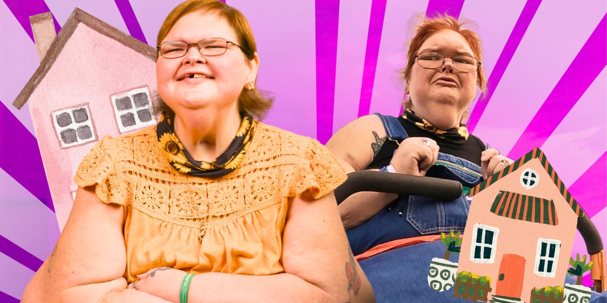 1000-Lb Sisters' Tammy Slaton smiles next to a house and gets emotional next to another house, in a montage image.