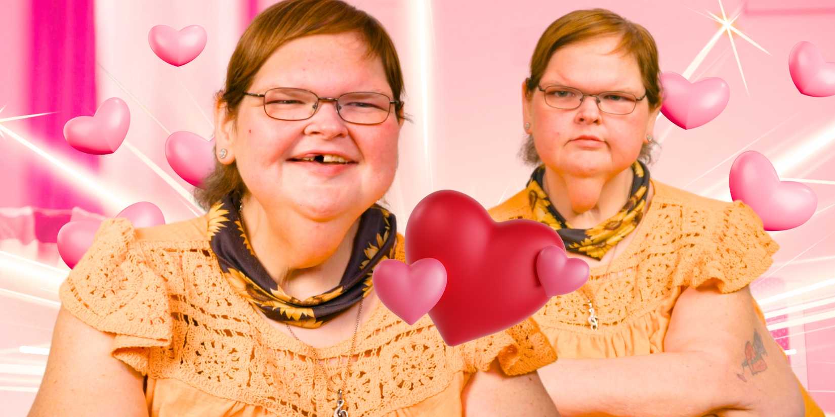 1000-Lb Sisters’ Tammy Slaton smiles and looks serious in a montage image amid red and pink hearts.