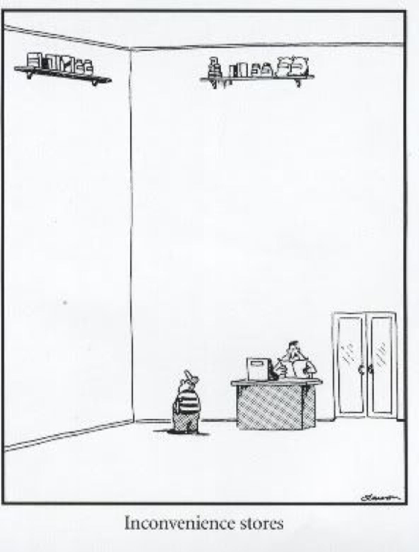 Far Side, a store with high shelves and not much around.