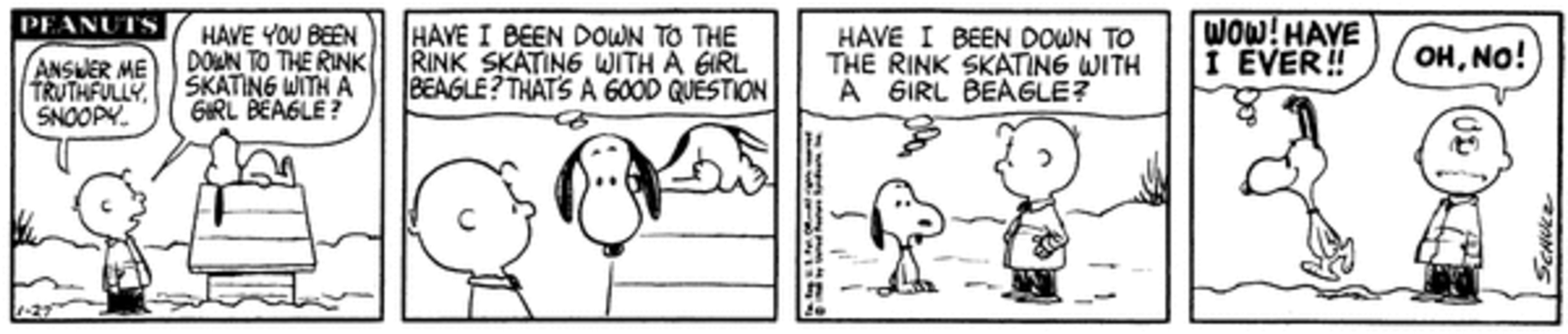  Charlie Brown talking to Snoopy about his girlfriend.