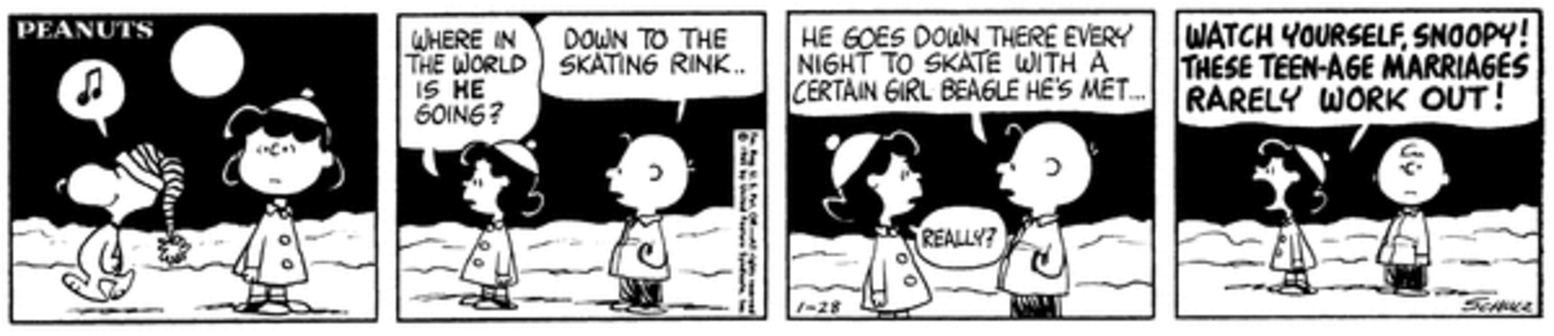  Lucy yelling at Snoopy about teen marriage.