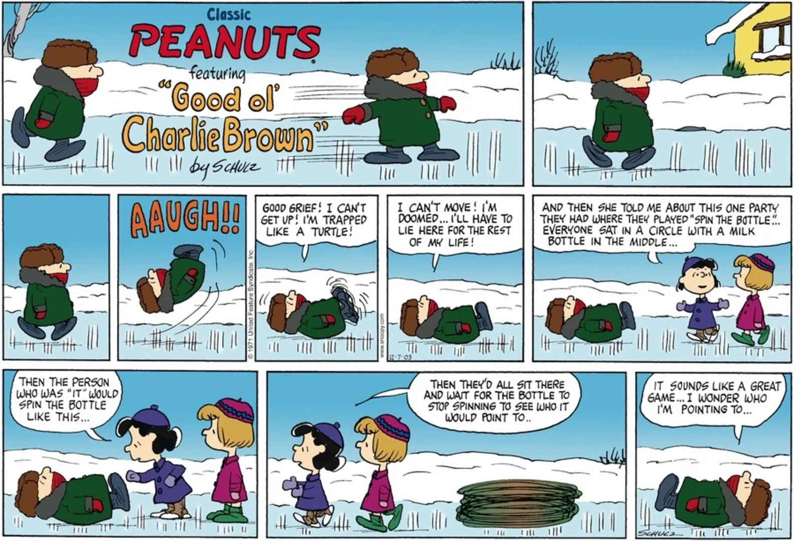 Potongan kacang: Charlie Brown diputar di atas es.