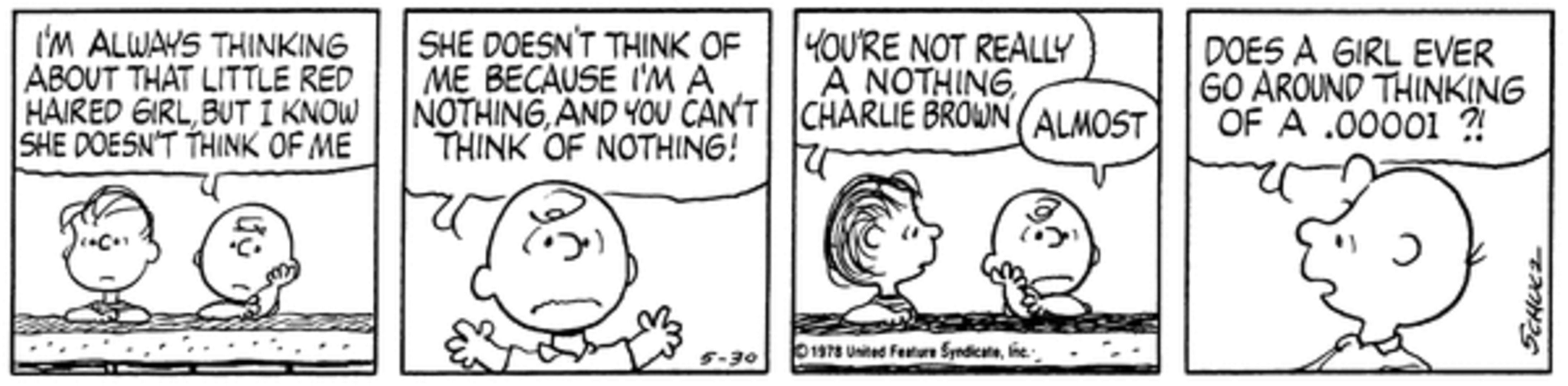 Charlie Brown talking to Linus about the Little Red-Haired Girl.