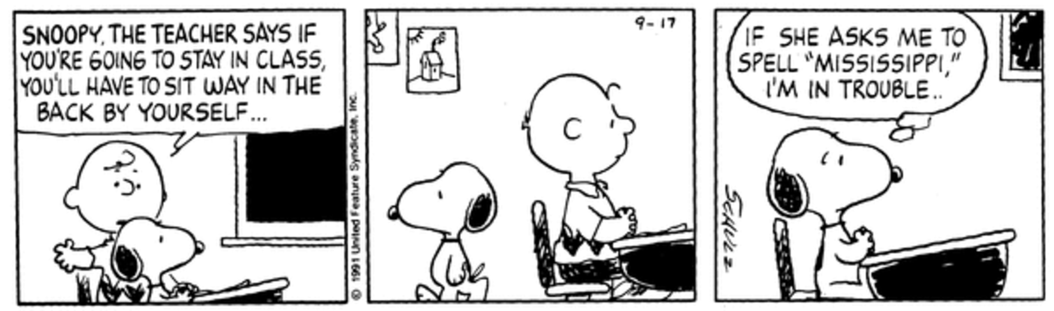 Tira de amendoim: Snoopy vai sentar no fundo da classe.