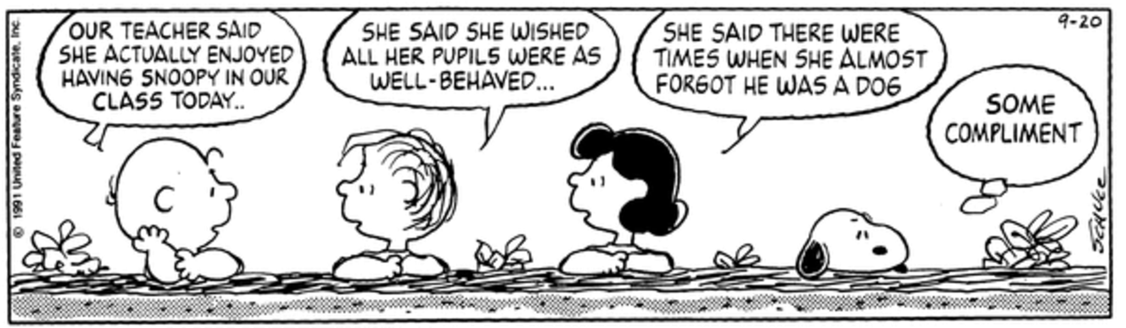 Tira de amendoim: Charlie Brown, Linus e Lucy conversando sobre Snoopy na aula com Snoopy ao lado deles.