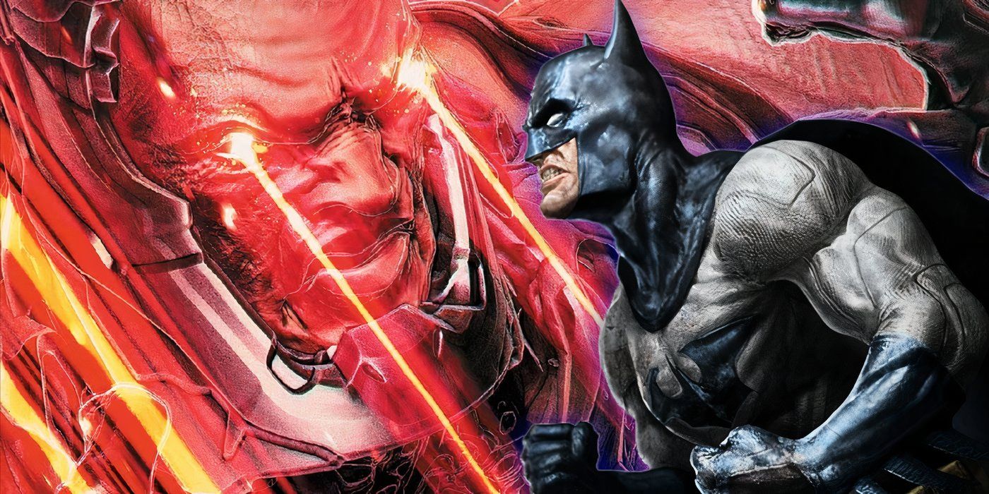 Arte cómico: Batman se enfrenta a Darkseid, quien dispara láseres desde sus ojos.