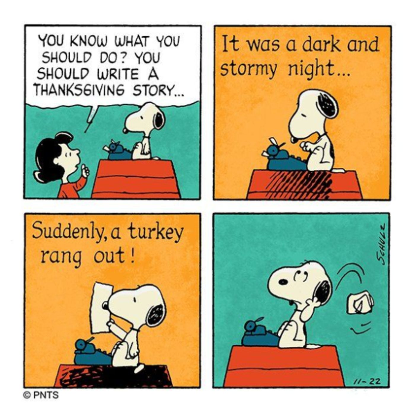 Snoopy escrevendo em sua máquina de escrever.