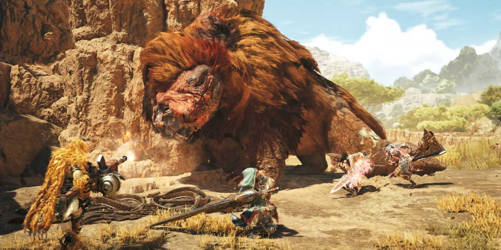 Multiple Hunters fighting a Doshiguma.