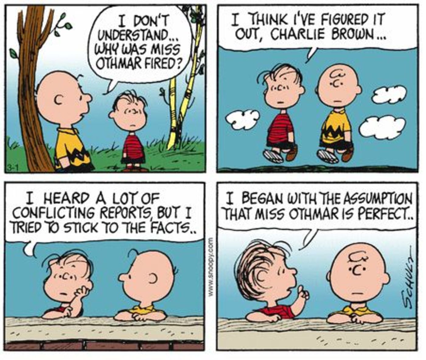 Tira de amendoim: Charlie Brown e Linus falando sobre Miss Othmar.