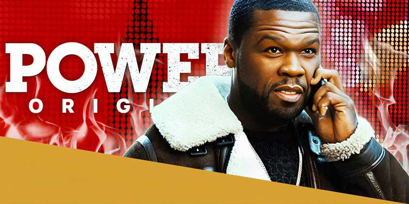 50 Cent as Kanan on the Phone in Front of the Power Origins Logo