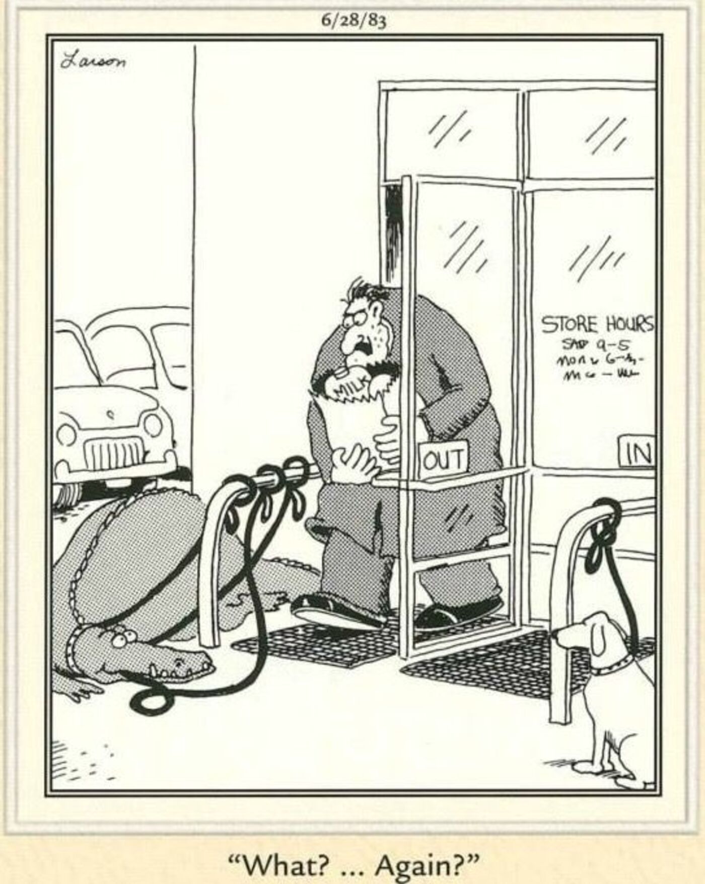 Far Side, alligator on a leash in front of grocery store.
