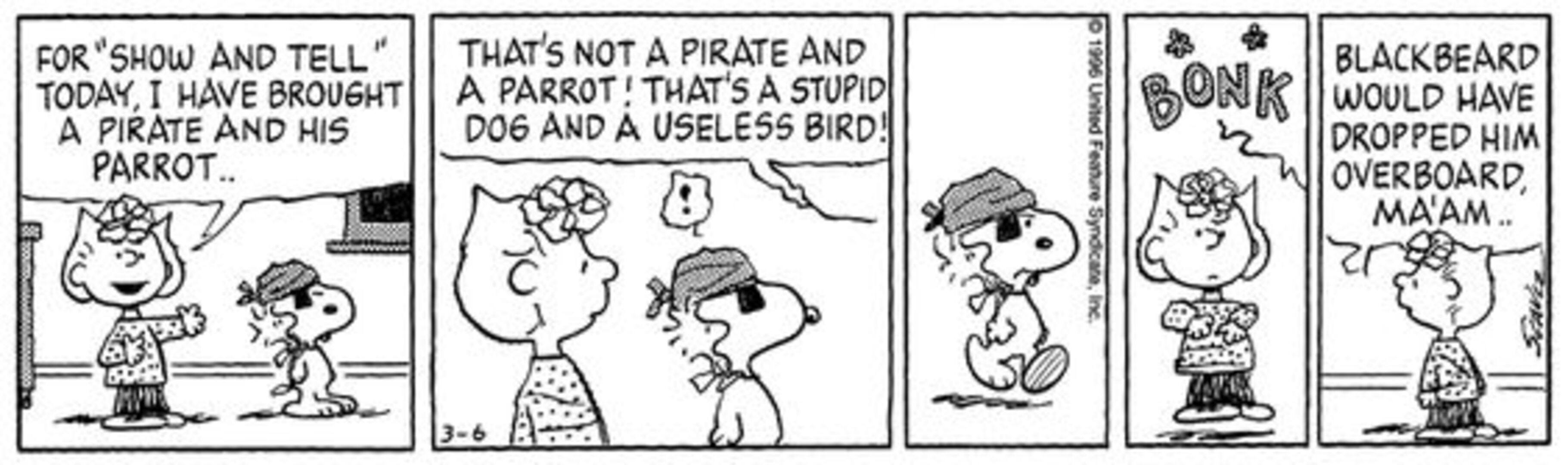 Tira de amendoim: Snoopy como um pirata com Woodstock em seu ombro no show and Tell de Sally.