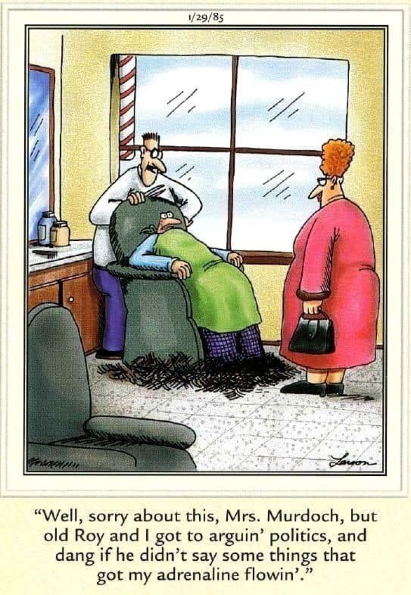 Far Side, man at barber with no hair and barely any face left.