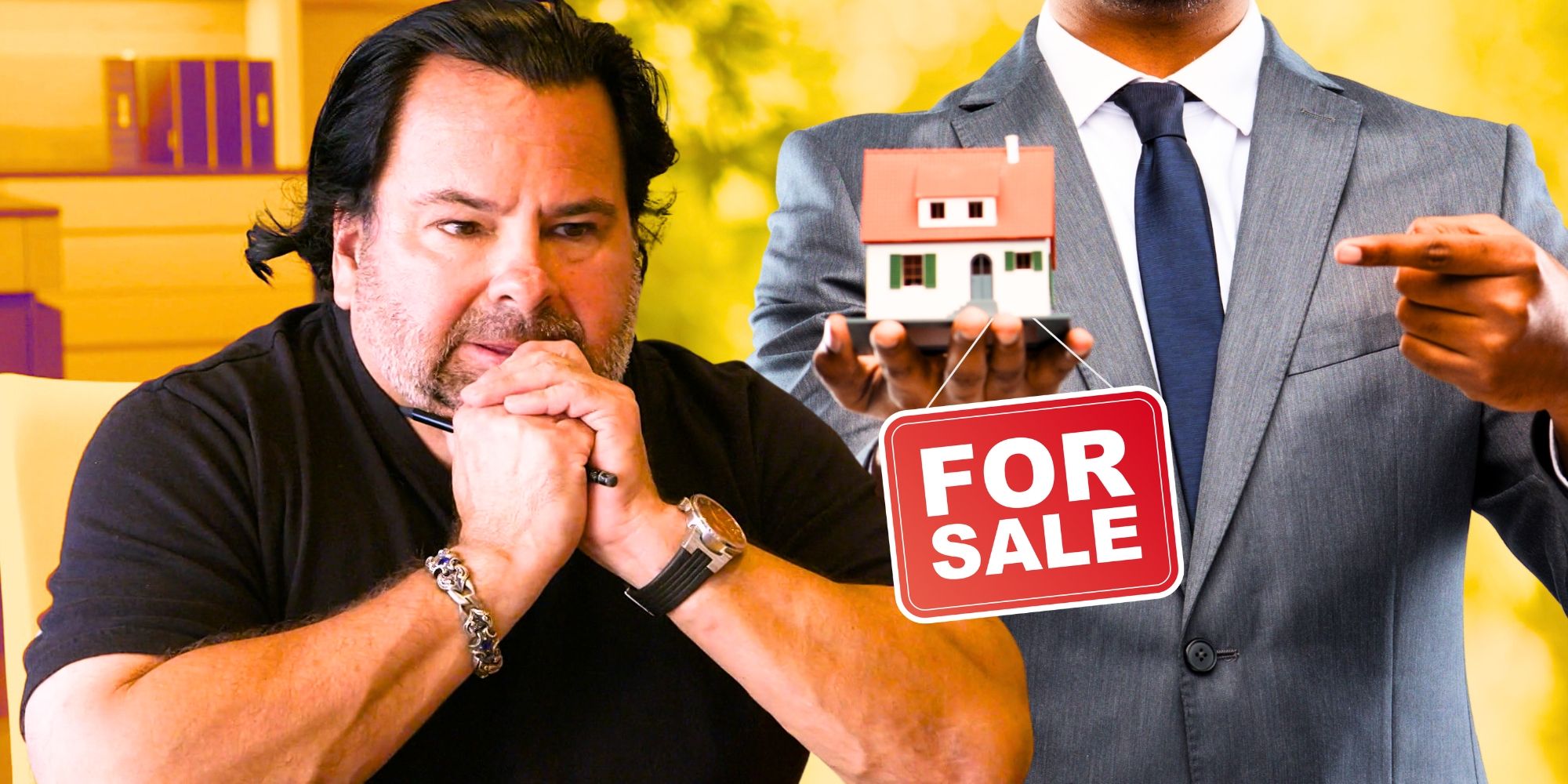 90 Day Fiancé’s Big Ed Brown clasps his hands together in suspense, with a For Sale sign and house behind him.