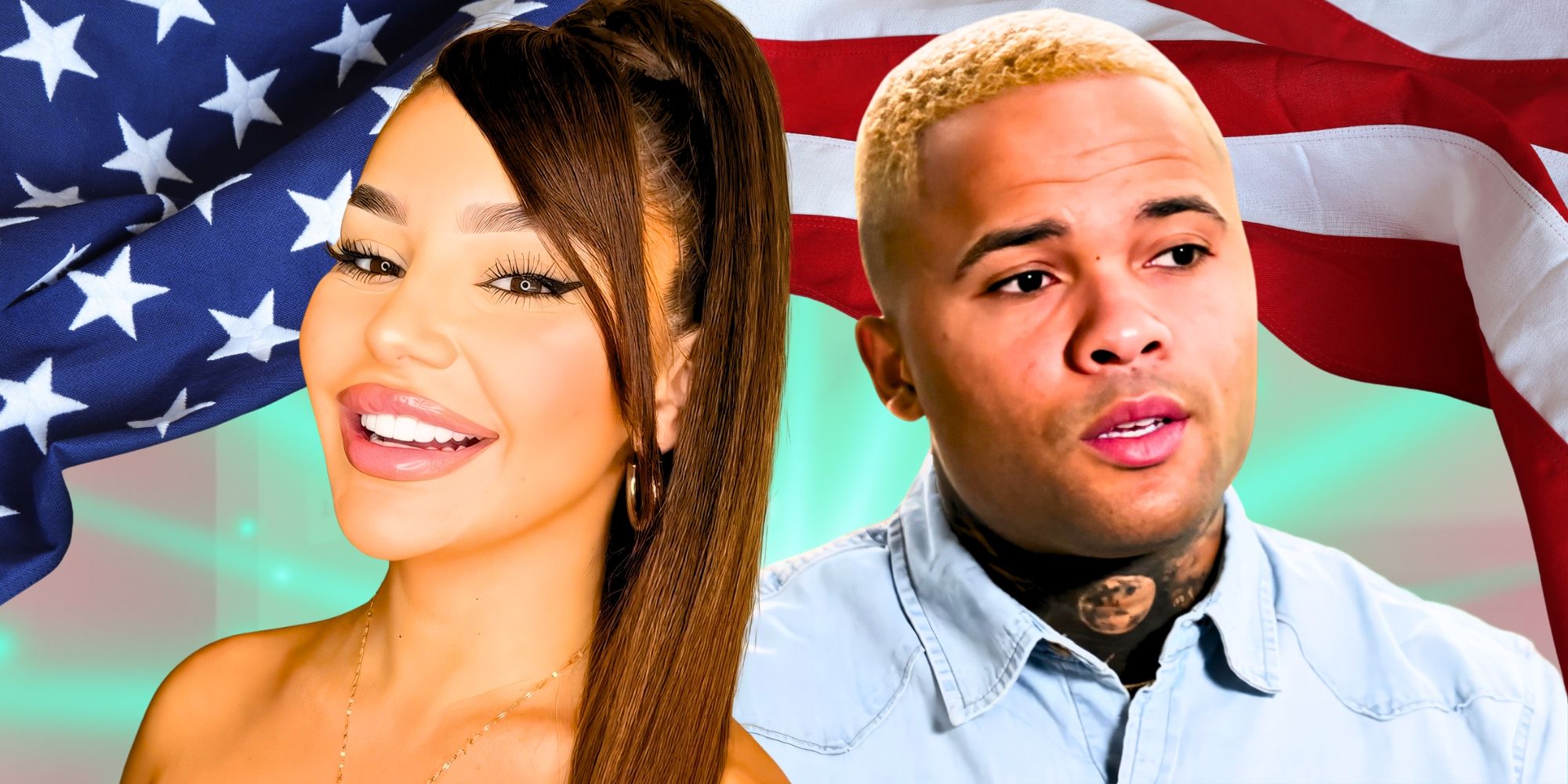 90 Day Fiancé’s Miona smile sand Jibri Bell looks serious in front of a U.S. flag.