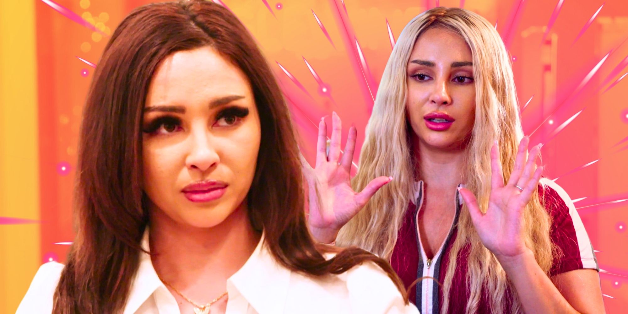 90 Day Fiancé’s Sophie Sierra looks serious and holds her hands up, palms out, in a montage image.