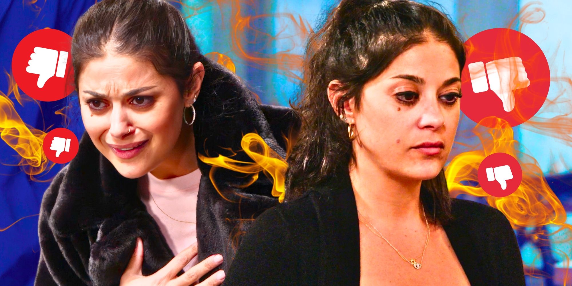 90 Day Fiance Loren Brovarnik looking upset in side by side images with thumbs down emojis