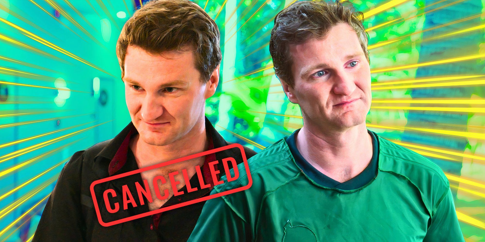 90 day fiance star loren allen in montage featuring two serious poses and cancelled label with green background