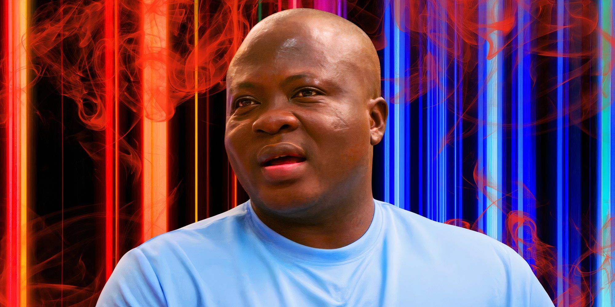 90 day fiance star Michael Ilesanmi looking serious in a montage with a striped background