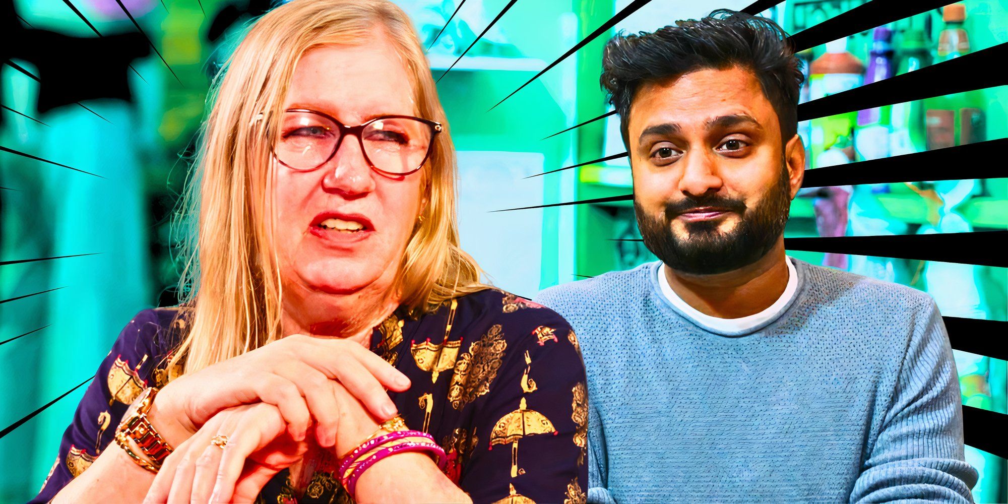 90 Day Fiance stars Jenny Slatten and Sumit Singh in montage with both looking happy and blue and green background