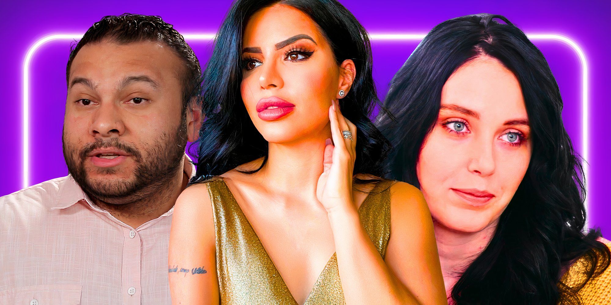 90 day fiance stars Larissa Lima Deavan Clegg and Ricky Reyes in serious montage with purple background